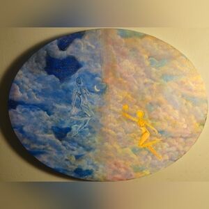 Ethereal Sky Dance Oval Painting in Blue and Yellow